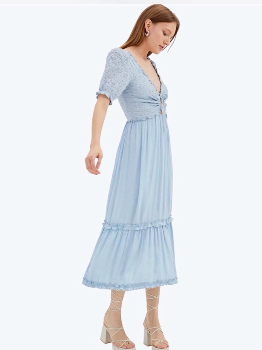 Urban Outfitters Gauzy Blue V-Neck Boho Cottagecore Midi Dress Size Medium
